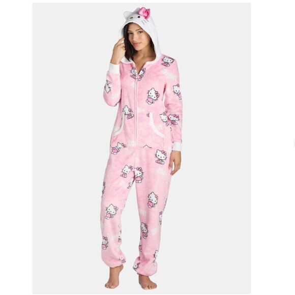 New! SANRIO Women's Hello Kitty One Piece Hooded Body Jump Suit PJ Pajamas 2x 3x - Picture 1 of 4